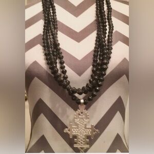 Akola Necklace Uganda Black Paper Bead w/ Silver Ethiopian Cross NWOT Retail$115